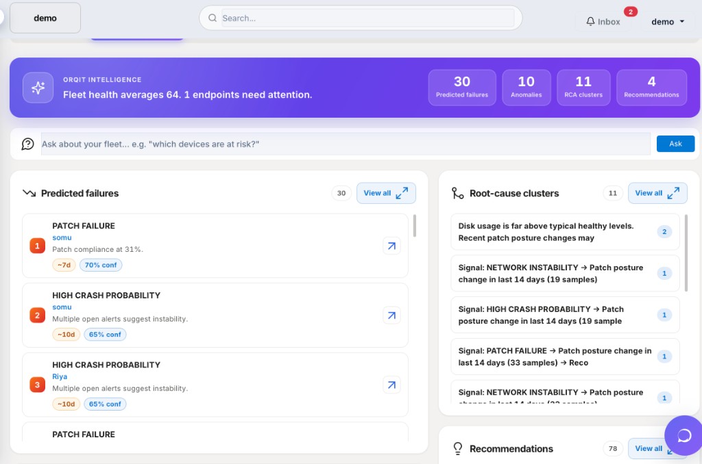 Orqit AI Intelligence — fleet summary, predicted failures, anomalies, RCA clusters, recommendations, and Ask about your fleet